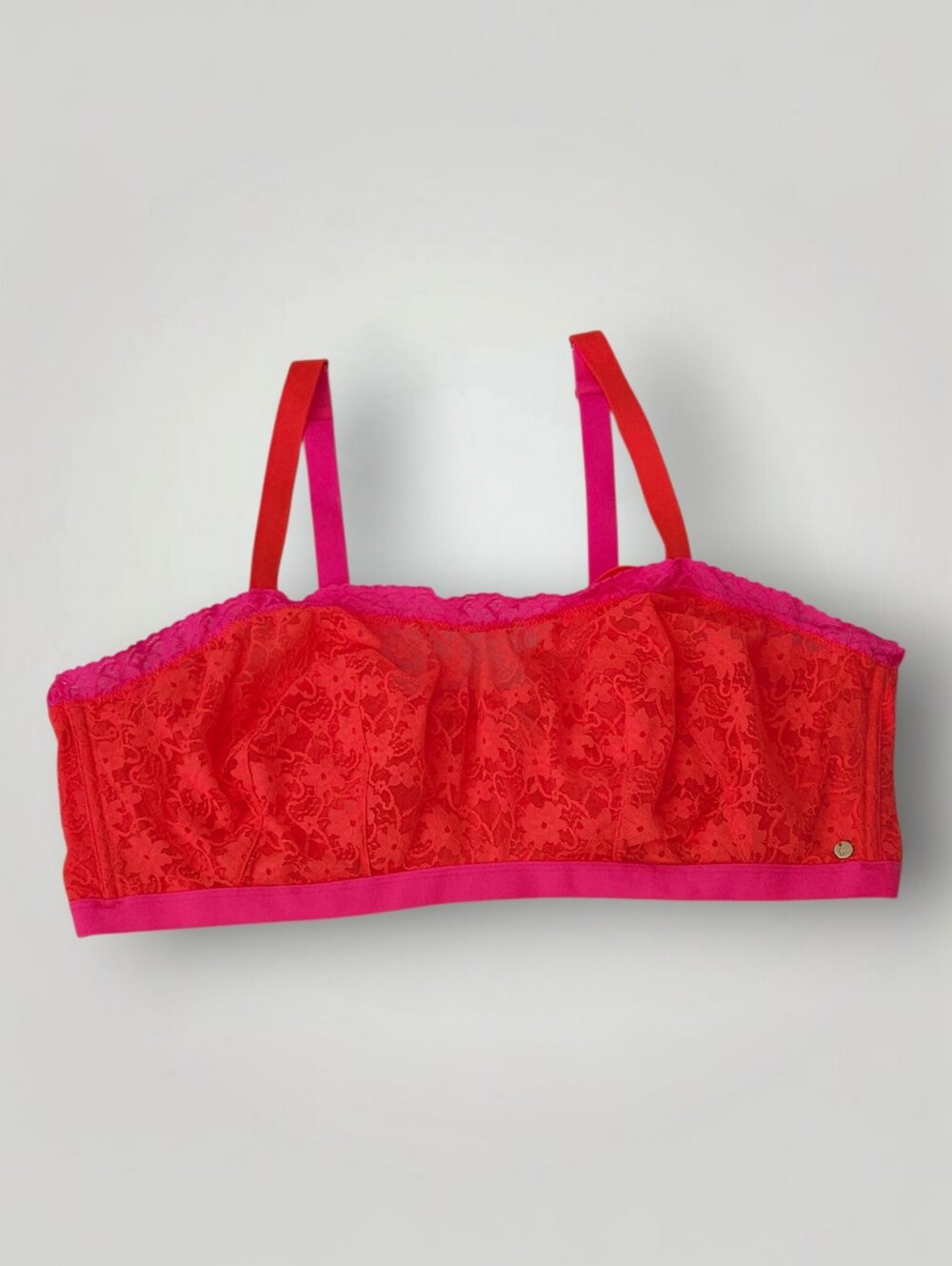 Cacique‎ Unlined Underwire Bandeau Bra 44DD Coral Pink Floral Lace Plus Size